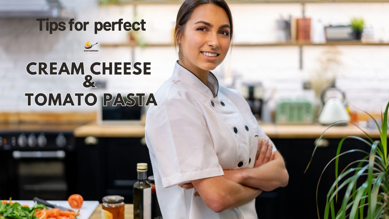 A creamy, orange-hued tomato pasta sauce being tossed with penne pasta in a pan.